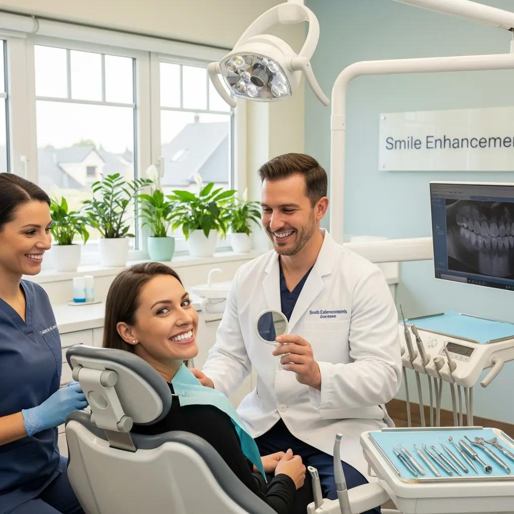 Dentist showing patient a dental mirror in a modern clinic, highlighting cosmetic dentistry services and patient care at Anaheim Implants & Dental Group.
