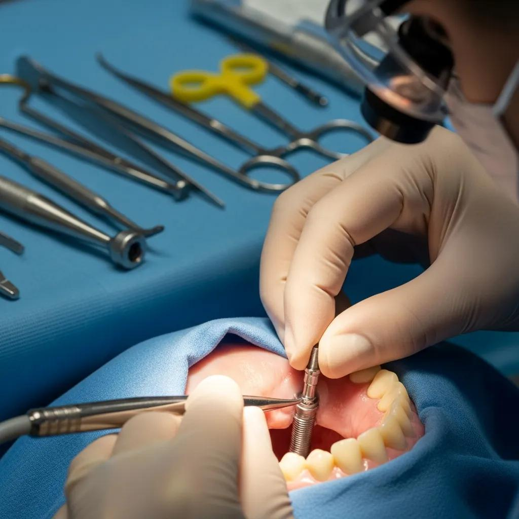 Dental professional performing dental implant procedure, showcasing surgical tools and patient’s mouth with exposed teeth, emphasizing cosmetic dentistry services in Anaheim.