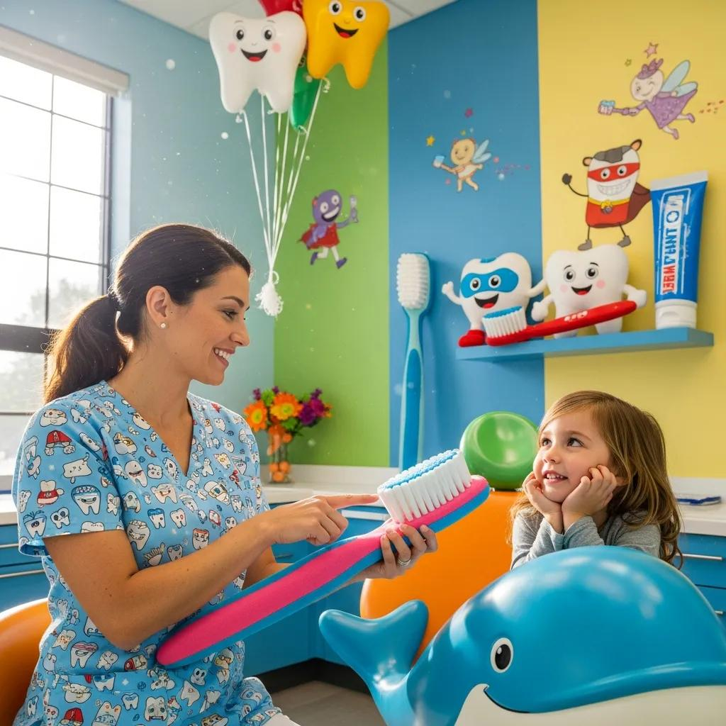 Pediatric dentist engaging with child in colorful dental office, demonstrating large toothbrush, promoting child-friendly dental care and education.