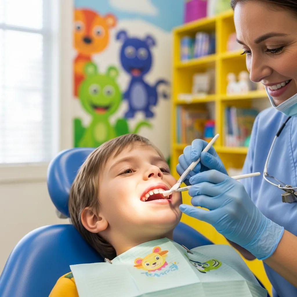 Child receiving dental care from pediatric dentist, smiling during teeth cleaning in colorful dental office with playful animal mural.