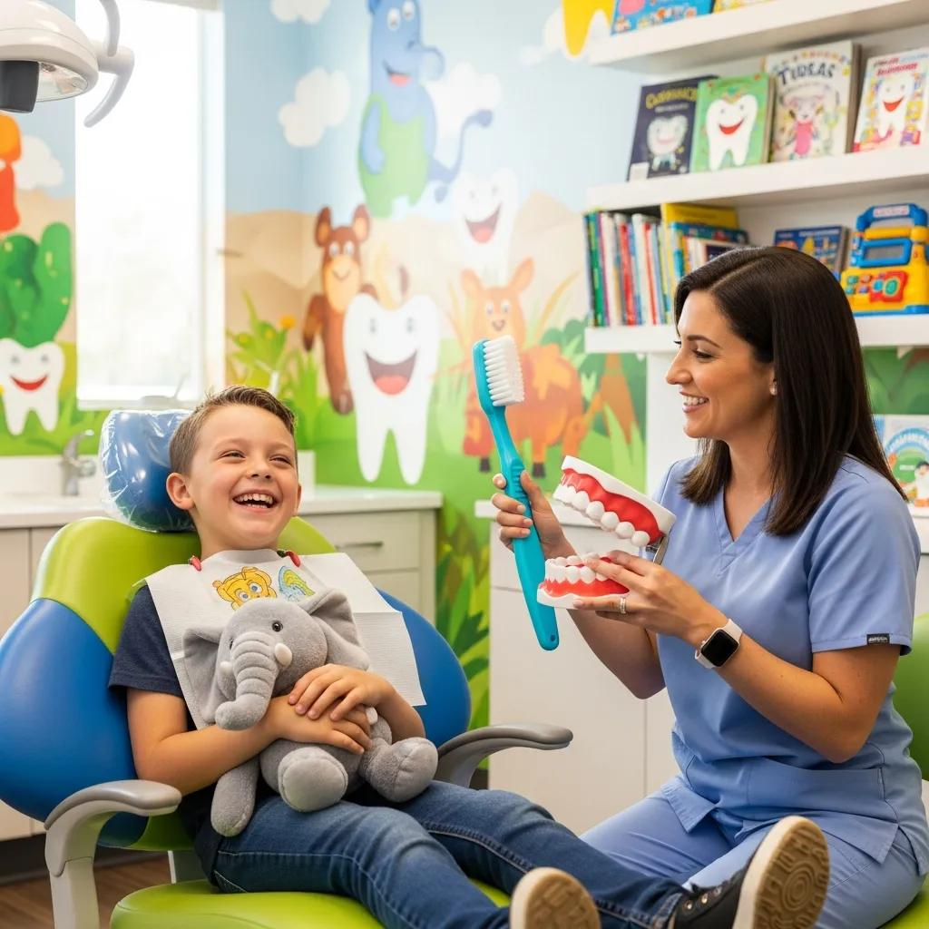 Child smiling in dental chair with stuffed elephant, pediatric dentist demonstrating dental care using oversized toothbrush and model teeth in colorful, child-friendly dental office setting.