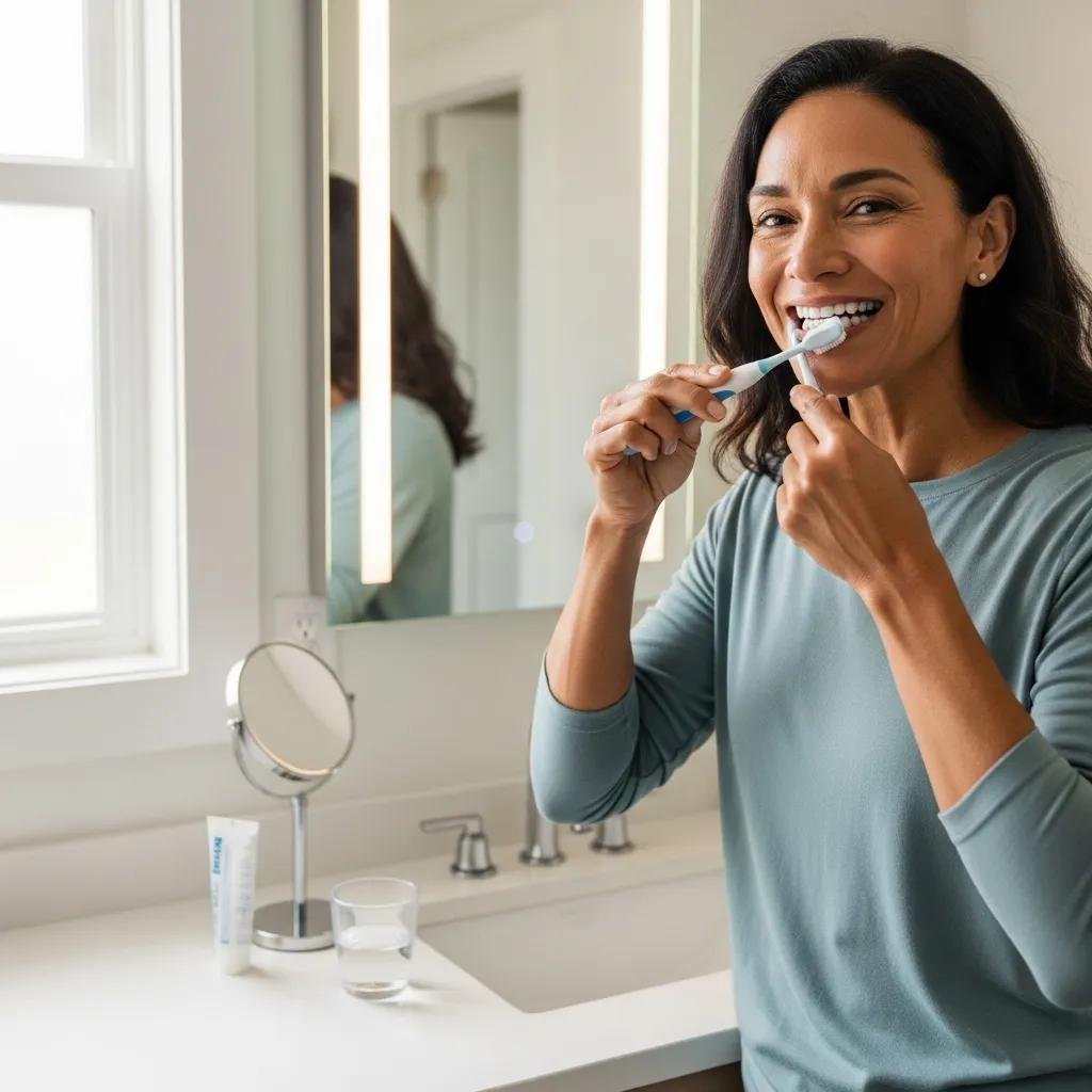Patient practicing oral hygiene in a bright bathroom after All-on-4 implant procedure, brushing teeth with a toothbrush.