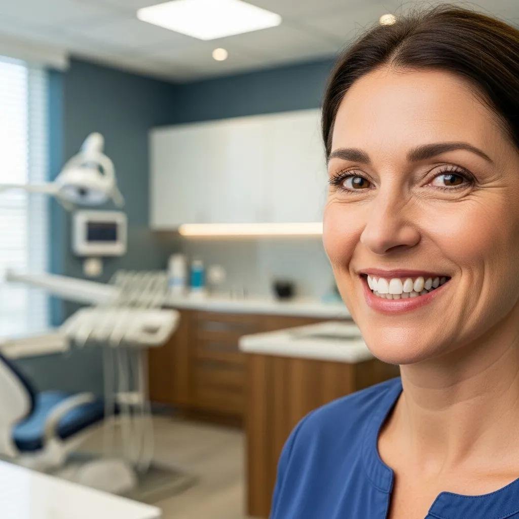 Smiling female patient showcasing successful All-on-4 dental implants in a modern dental clinic setting.