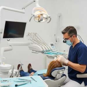 Dentist performing an All-on-4 dental implant procedure on a patient in a modern dental clinic setting, with dental tools and equipment visible.