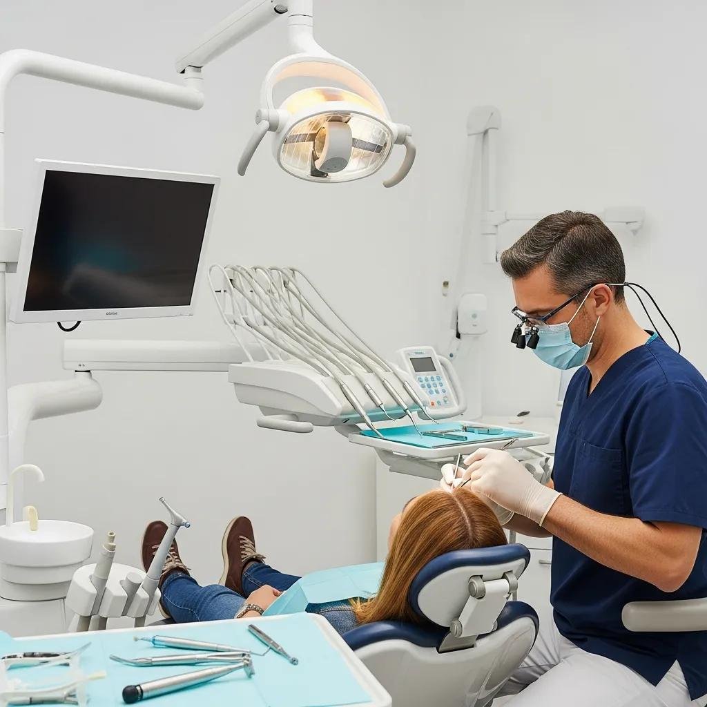 Dentist performing All-on-4 dental implant procedure on patient in modern dental clinic, featuring dental tools and equipment.