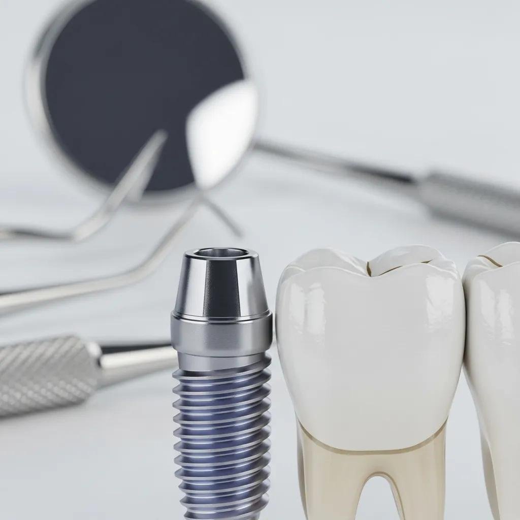 Close-up of titanium dental implant next to a natural tooth, illustrating durability and strength