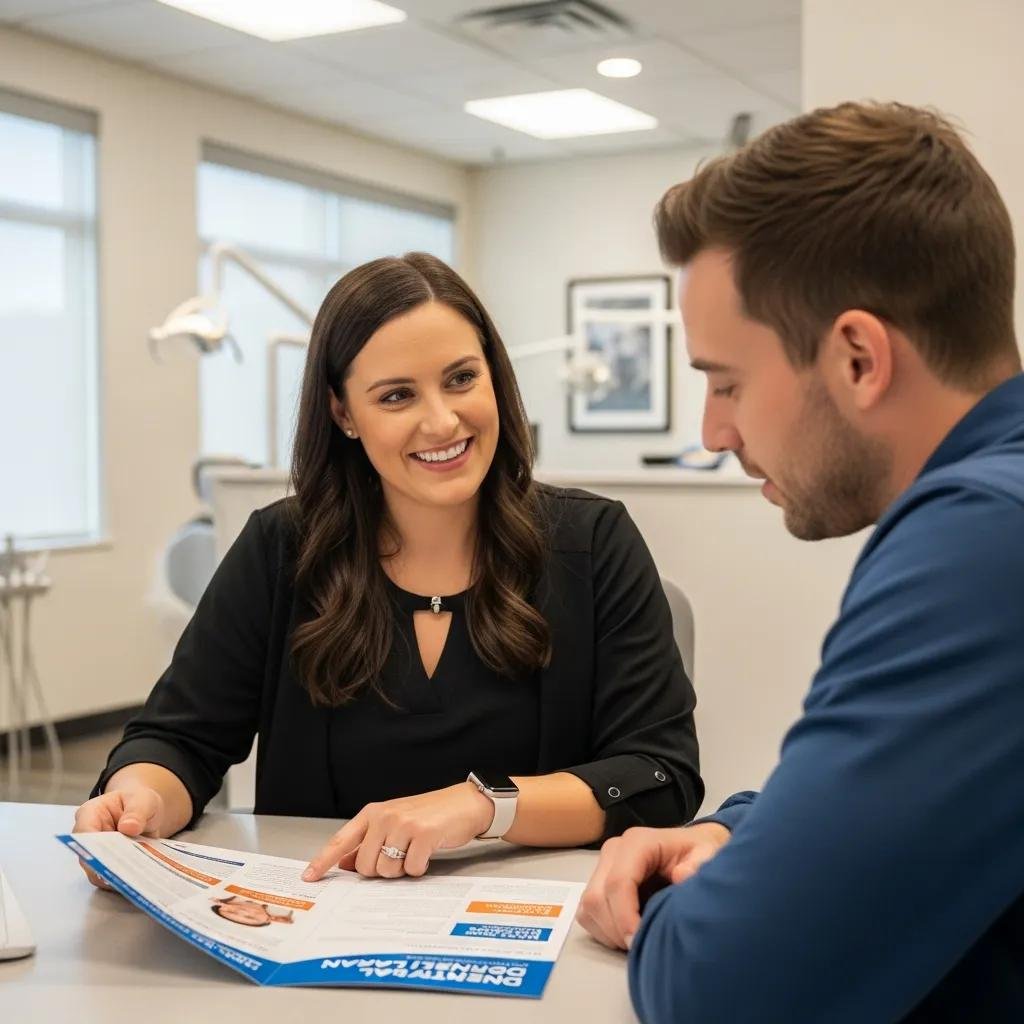 Dental financial coordinator discussing All-on-4 implant financing options with a patient in a modern dental office.