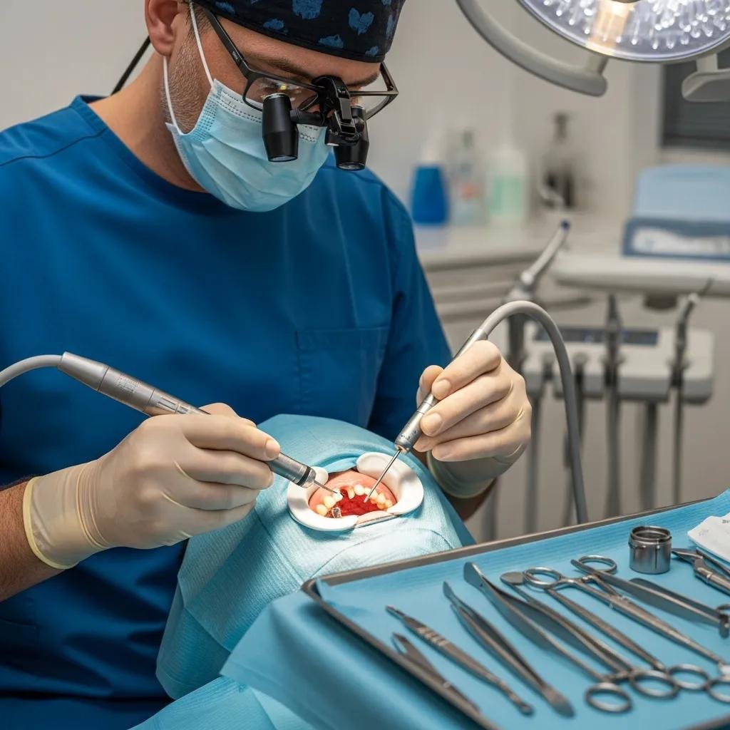Dental professional performing a single tooth implant procedure with surgical tools in a clinical setting, emphasizing precision and care in dental surgery.