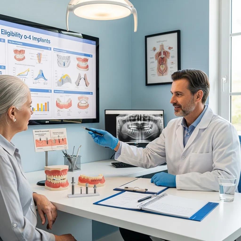 Dentist discussing eligibility requirements for All-on-4 dental implants with a patient, showcasing dental models and informative charts in a clinical setting.