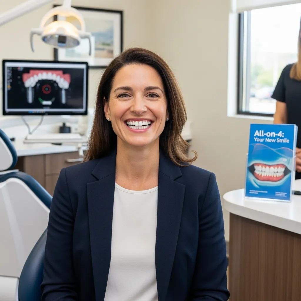 Happy patient showcasing a confident smile after All-on-4 dental implants, with a dental office background and informational brochure on All-on-4 treatment.