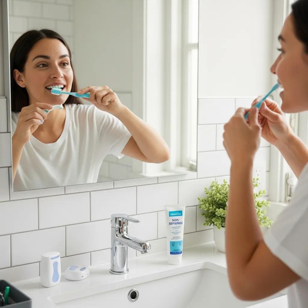 Patient practicing oral hygiene with a soft-bristled toothbrush and non-abrasive toothpaste in a bathroom, emphasizing aftercare for dental implants.