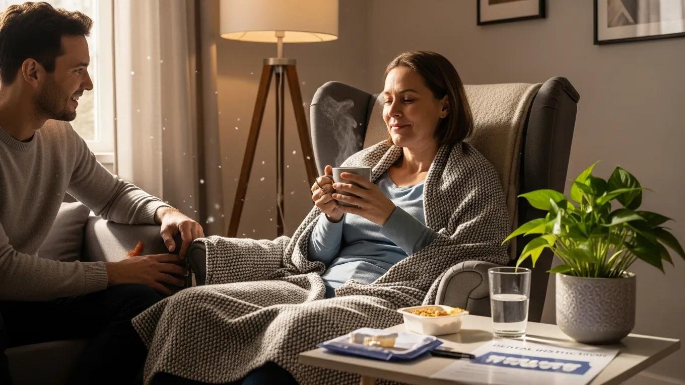 Patient recovering at home after dental implant procedure, supported by family, with a cozy atmosphere, warm beverage, and recovery materials on a table.