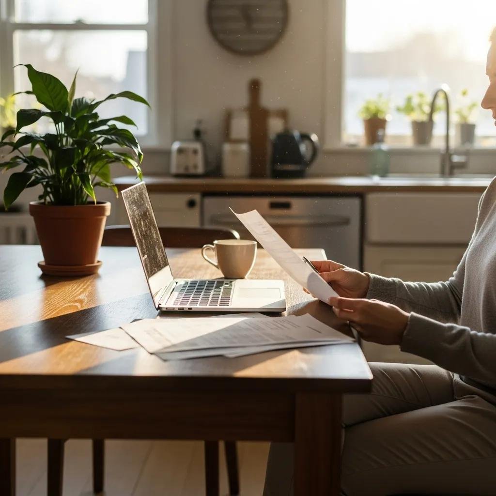 Person reviewing paperwork and payment plans for dental implants at home, with a laptop and coffee on a wooden table, in a bright kitchen setting.