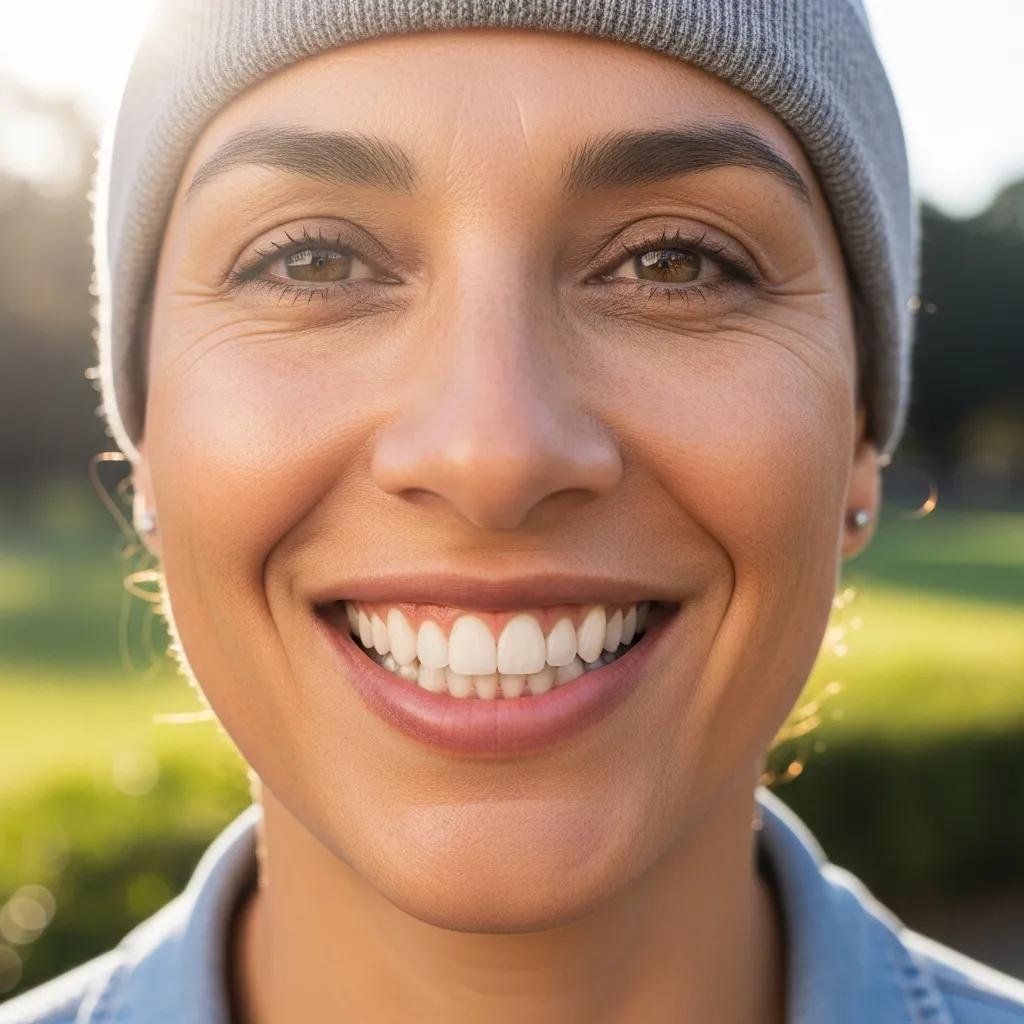 Person smiling outdoors with All-on-4 dental implants, highlighting aesthetic appeal and confidence