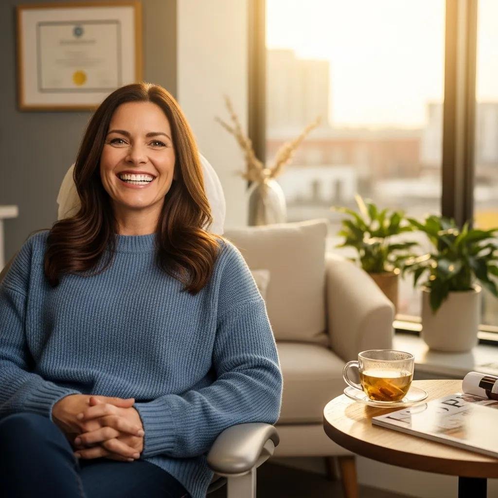 Smiling woman in a dental office, showcasing confidence and comfort, reflecting the welcoming atmosphere for All-on-4 dental implant consultations.