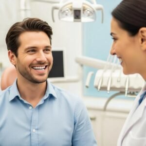 Smiling person with All-on-4 dental implants in a dental office, showcasing confidence and satisfaction