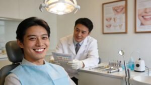 Smiling patient with healthy teeth in a dental clinic consultation, emphasizing confidence and oral health