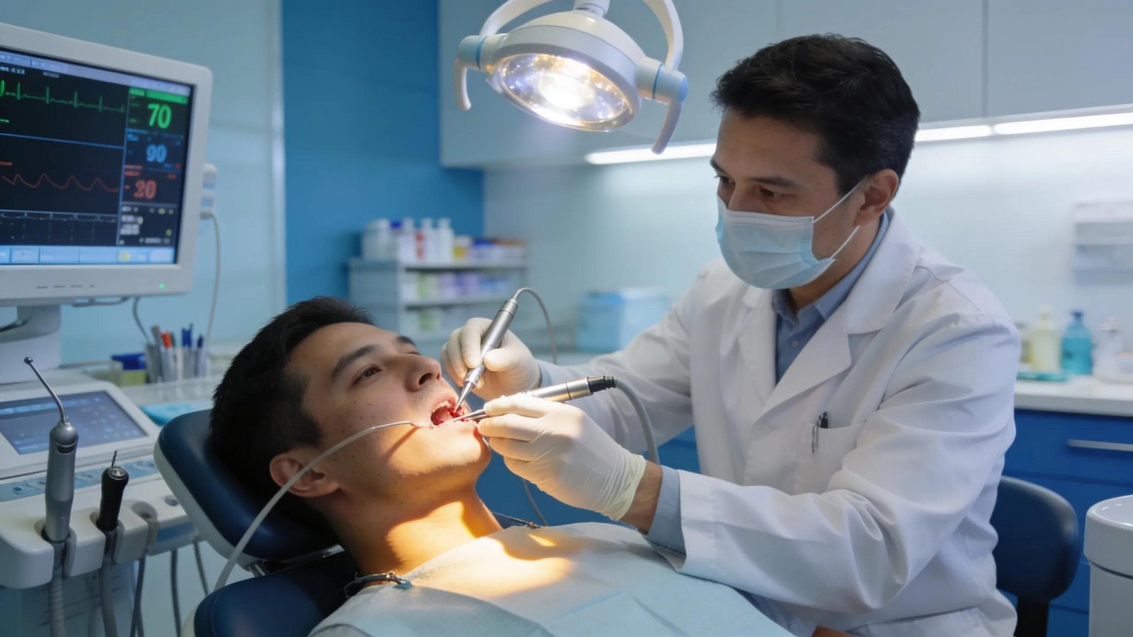 Dental professional performing sinus lift procedure on patient with surgical instruments and monitoring equipment.