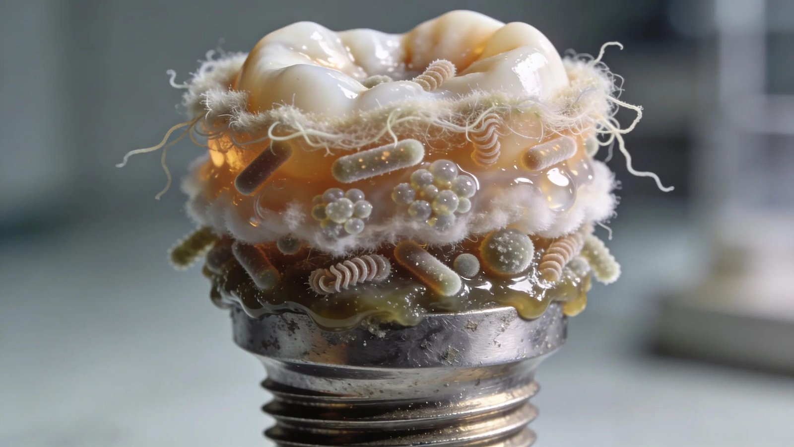 Close-up view of bacterial biofilms forming on a dental implant, showcasing the texture and potential infection risk