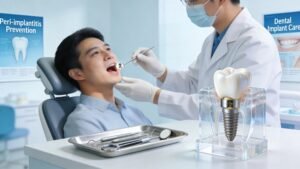 Dental professional examining a patient with a dental implant in a well-lit dental office, emphasizing care and expertise in peri-implantitis management