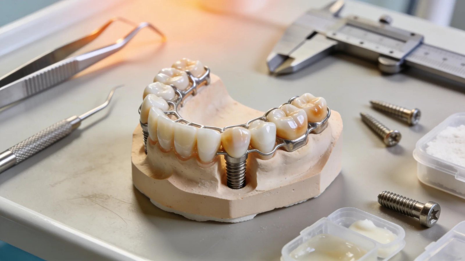 Close-up of a dental implant bridge model, showcasing its design and functional aspects in a dental setting