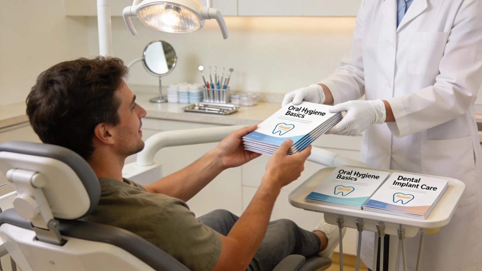 Dental professional discussing patient education on implant care with a patient, emphasizing the importance of awareness in preventing peri-implantitis
