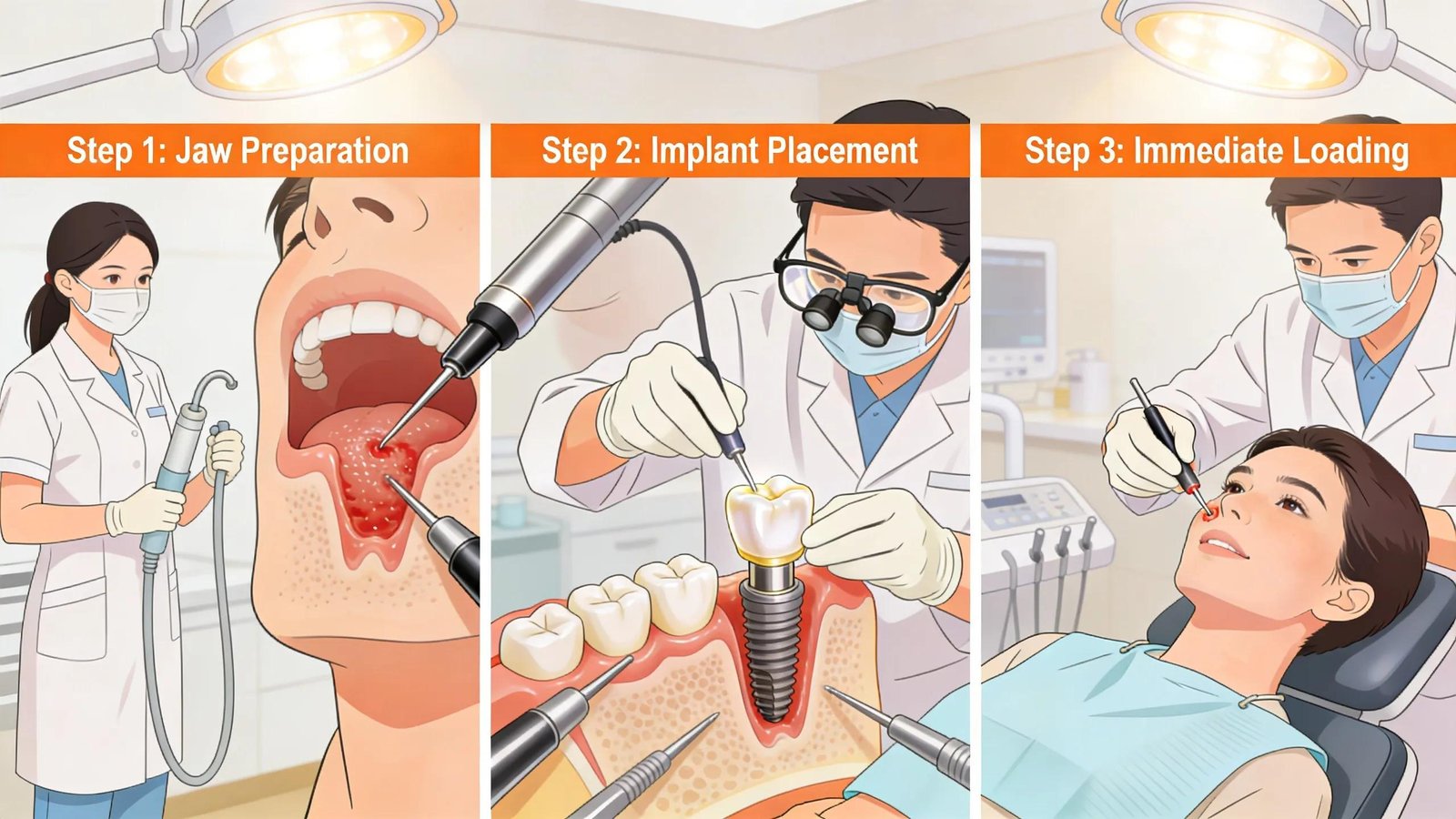 Same-day dental implant procedure: jaw preparation, implant placement, and immediate loading steps.