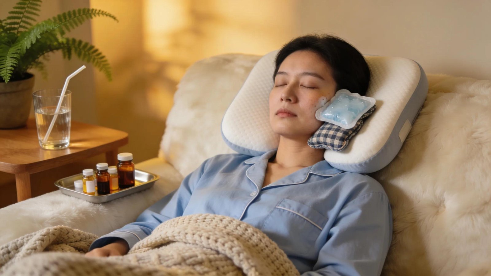 Patient resting with ice pack and medication for sinus lift recovery.