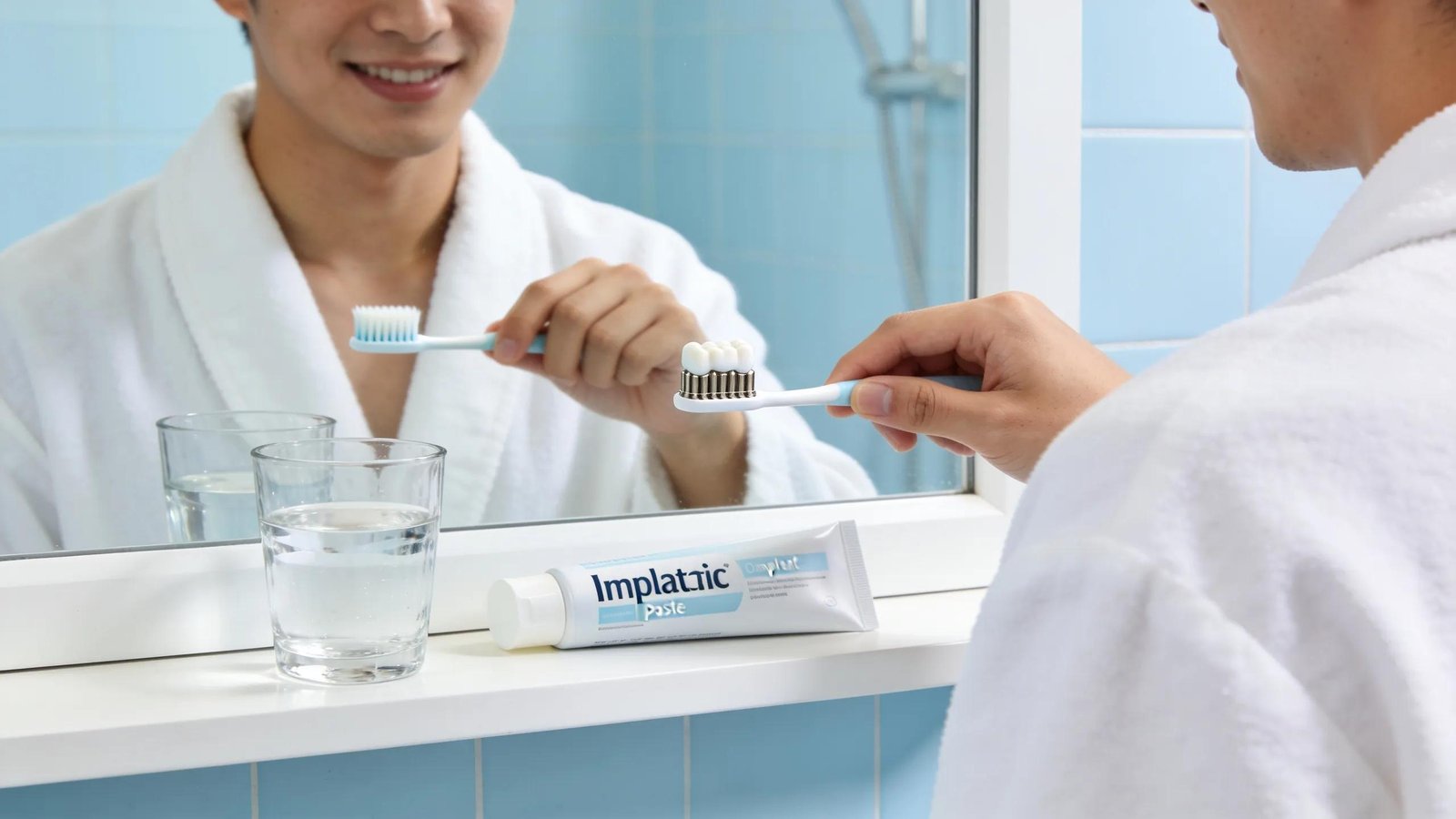 Patient practicing oral hygiene at home with a specialized toothbrush for dental implants