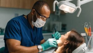 Dentist performing dental implant procedure on patient with specialized equipment