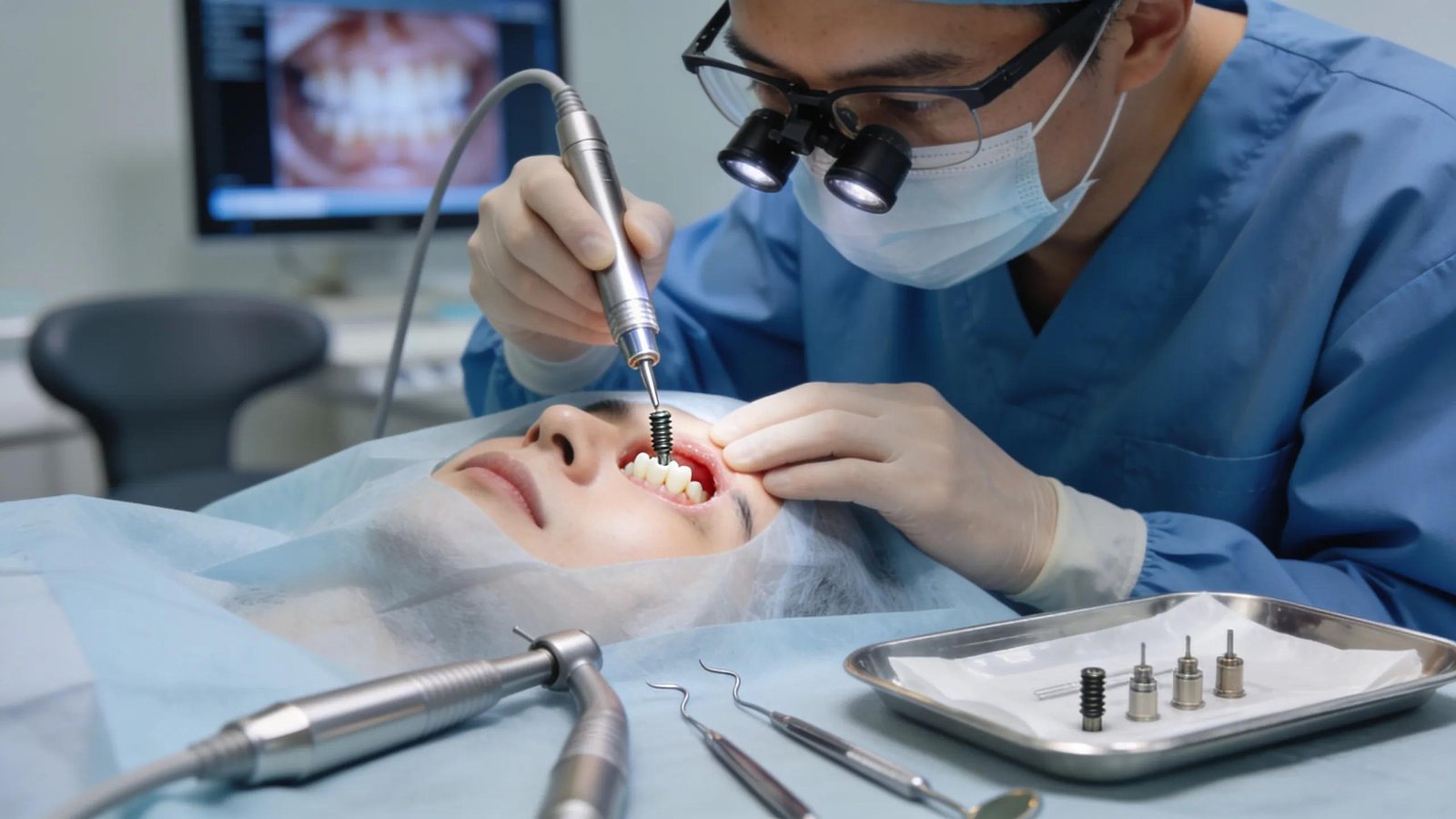 Dental professional performing mini implant placement procedure with surgical tools and implants.