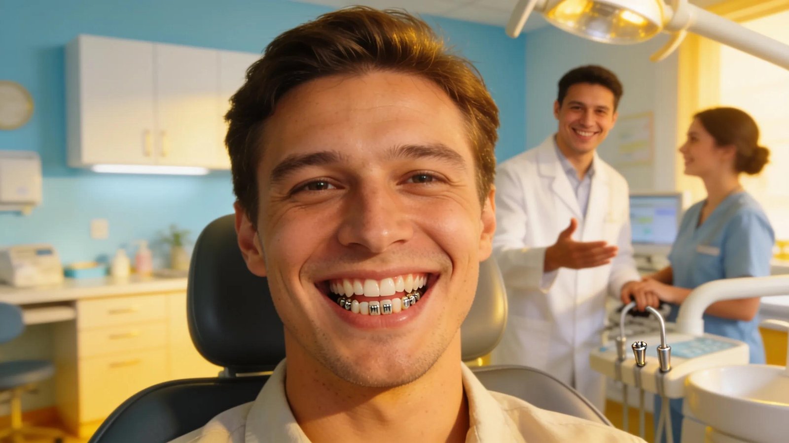 Smiling patient in dental chair with dental professionals in Anaheim, CA