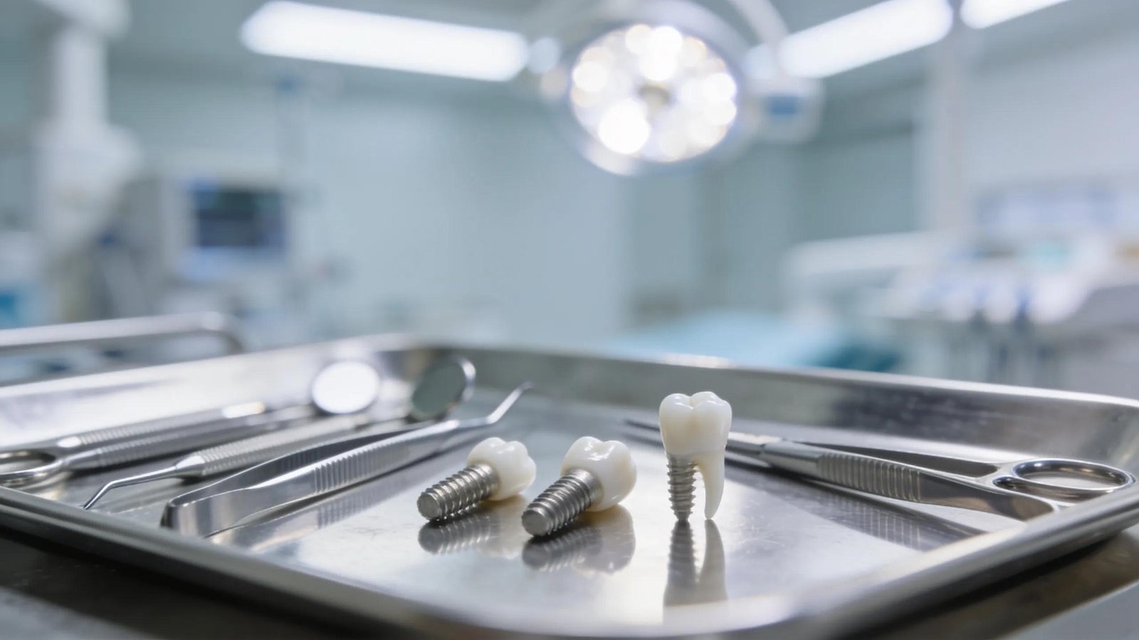Dental implants and instruments on surgical tray for full-mouth reconstruction.