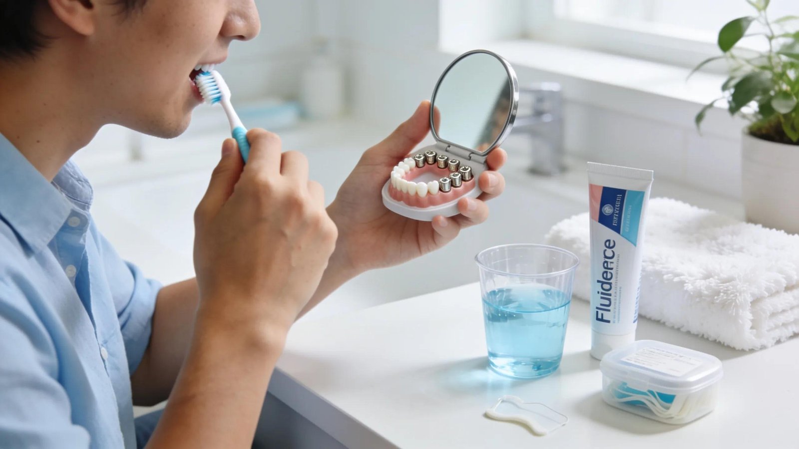 Patient practicing oral hygiene at home after receiving multiple tooth implants, highlighting recovery and aftercare importance