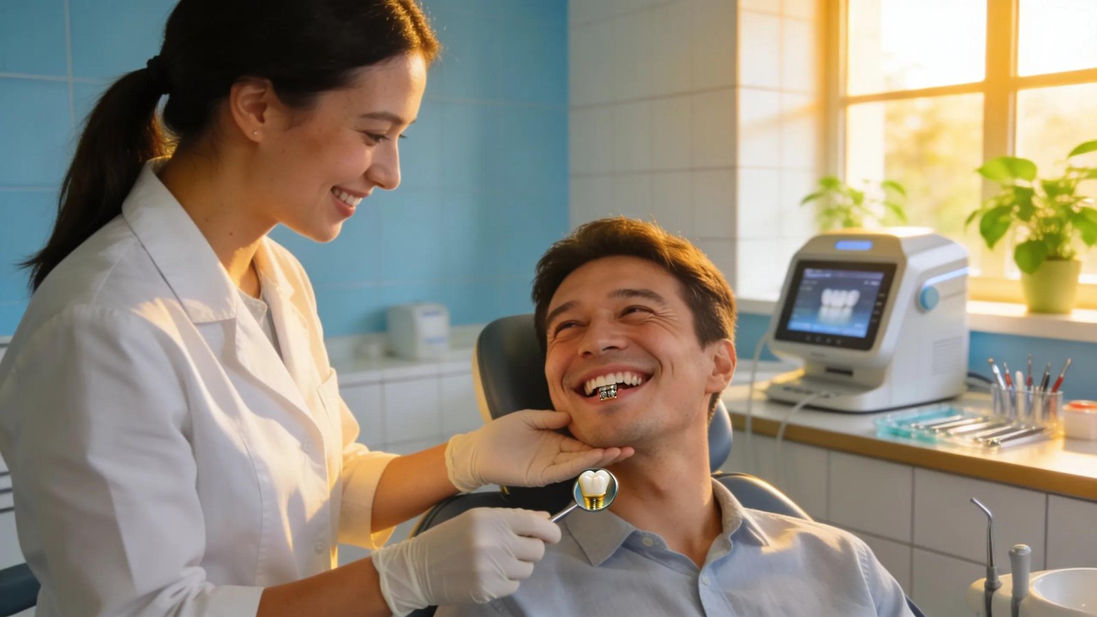 Dental patient smiling with dentist examining teeth, dental restoration procedure.