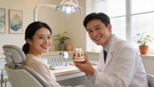 Dental professional and patient discussing crowns and bridges for long-term dental health.