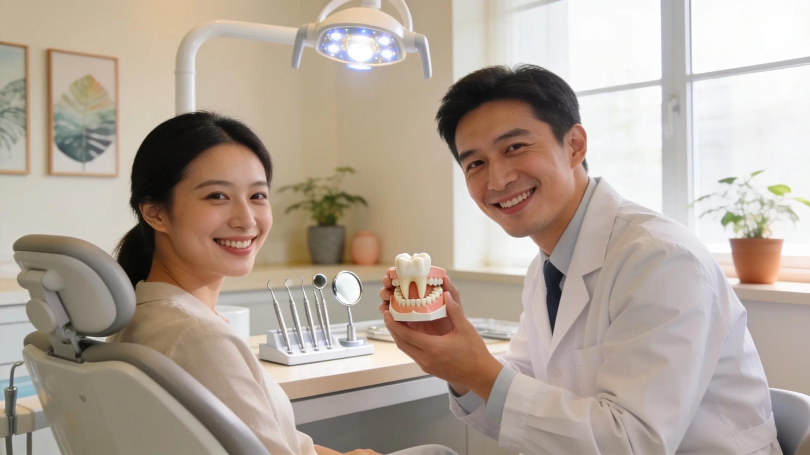 Smiling dentist and patient with dental model and tools for crowns and bridges.