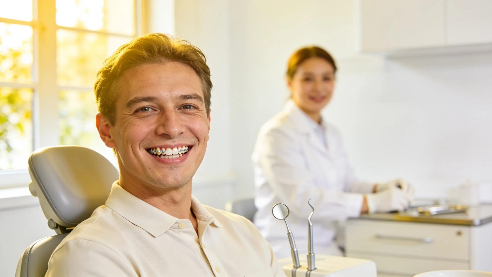 Man smiling in dental chair with braces and dentist in background