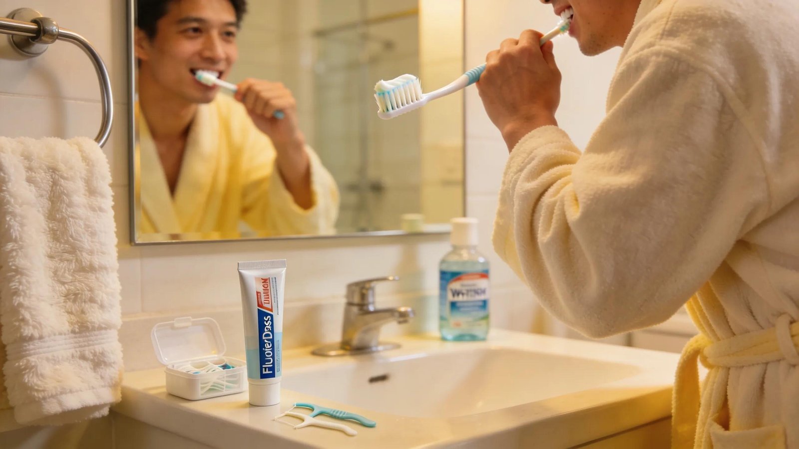 Man brushing teeth with toothbrush and toothpaste, demonstrating oral hygiene for dental restorations.