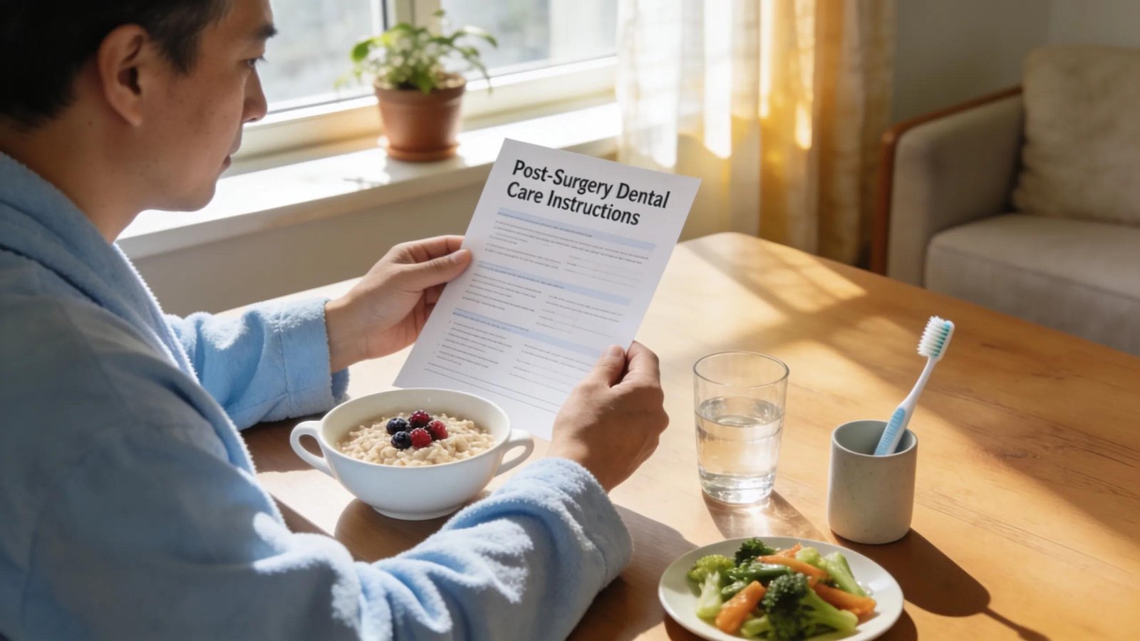 Man reviewing post-surgery dental care instructions and healthy meal options.