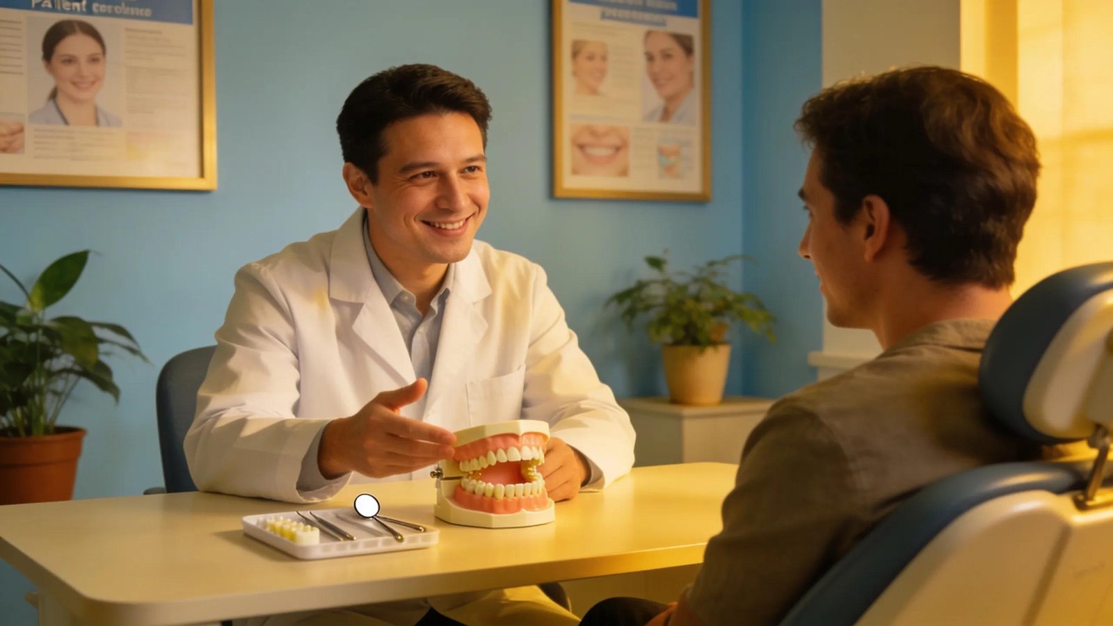 Prosthodontist consulting with patient about full-mouth reconstruction and dental implants.