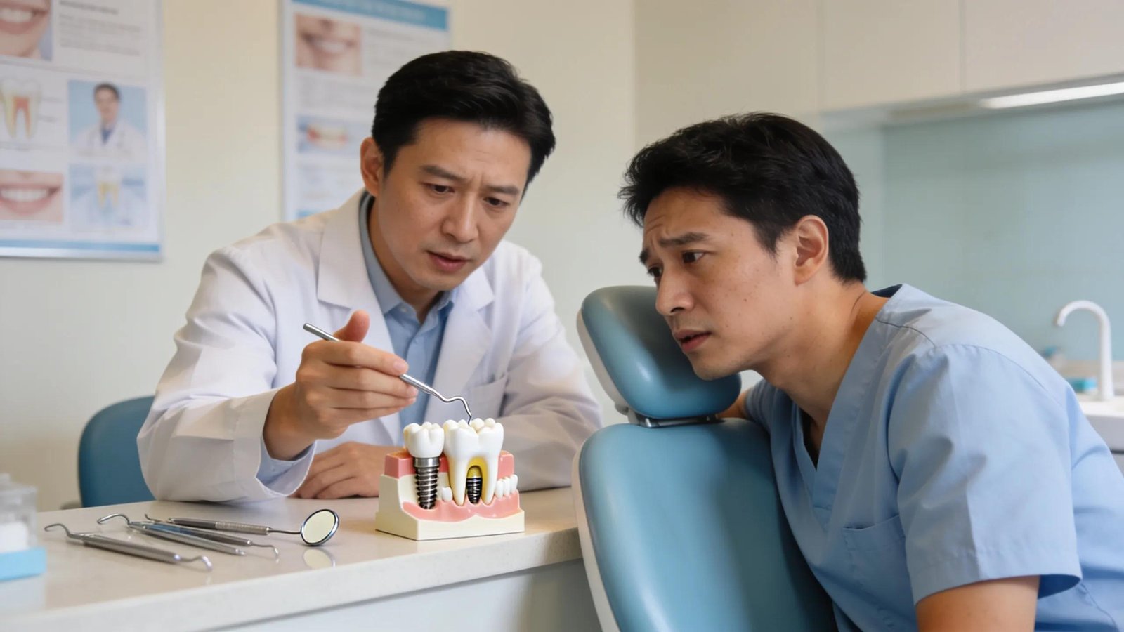 Dental professional explaining implant failure options to patient, dental model and tools visible