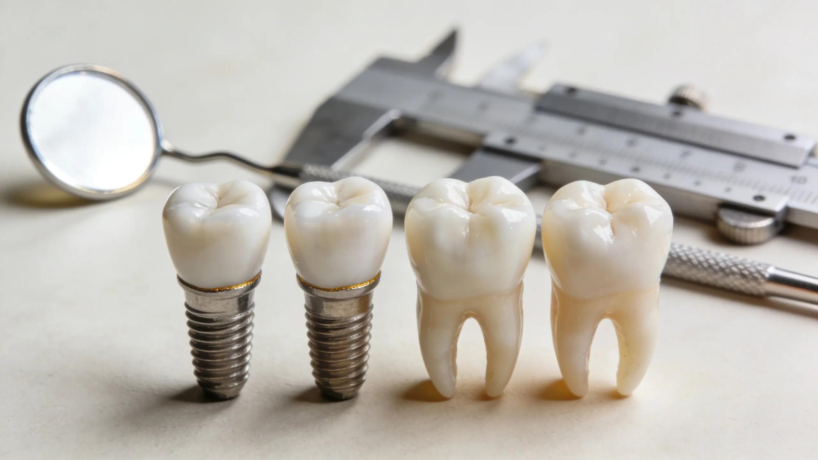 Dental implant crowns and teeth restoration models with dental tools