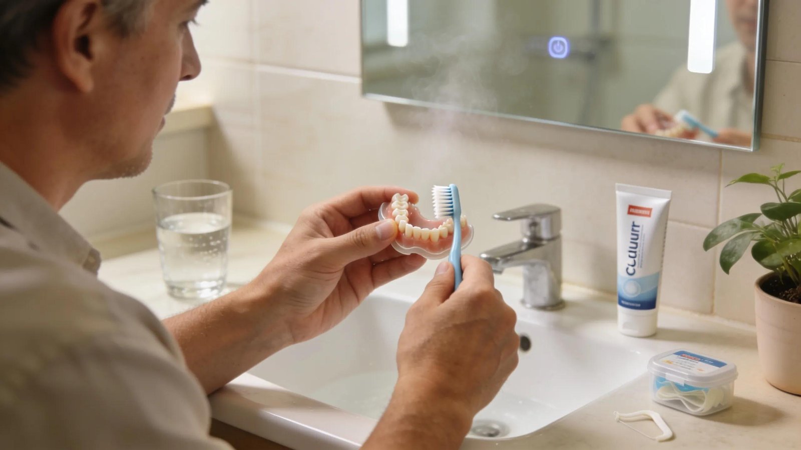 Man brushing implant dentures with soft-bristled toothbrush and toothpaste.