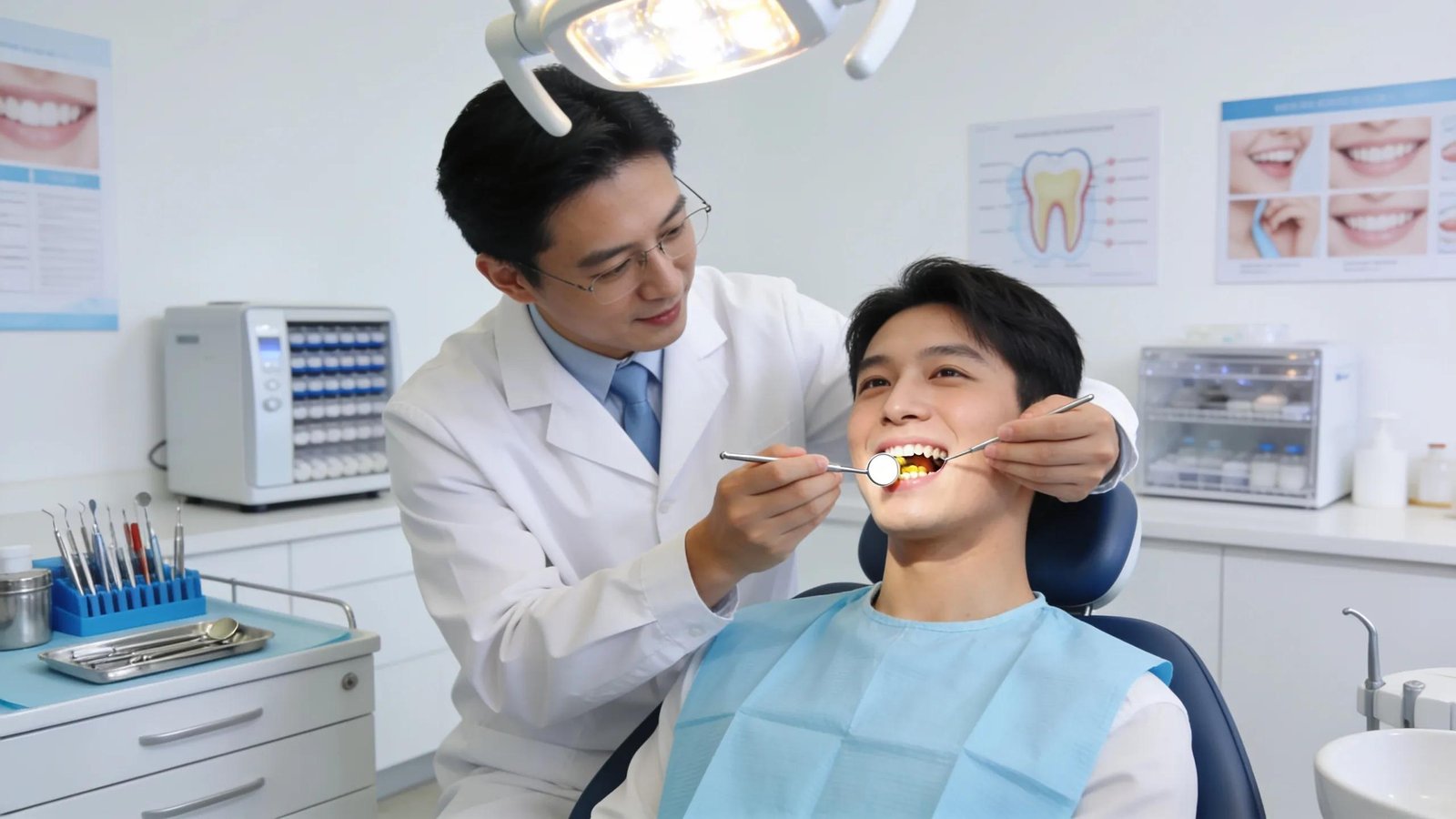 Dental professional examining patient's teeth during restoration maintenance and follow-up care.