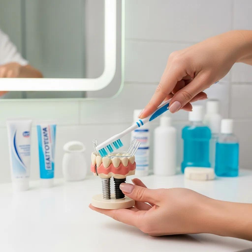 Person using a soft-bristled toothbrush to clean around a dental implant model in a bathroom