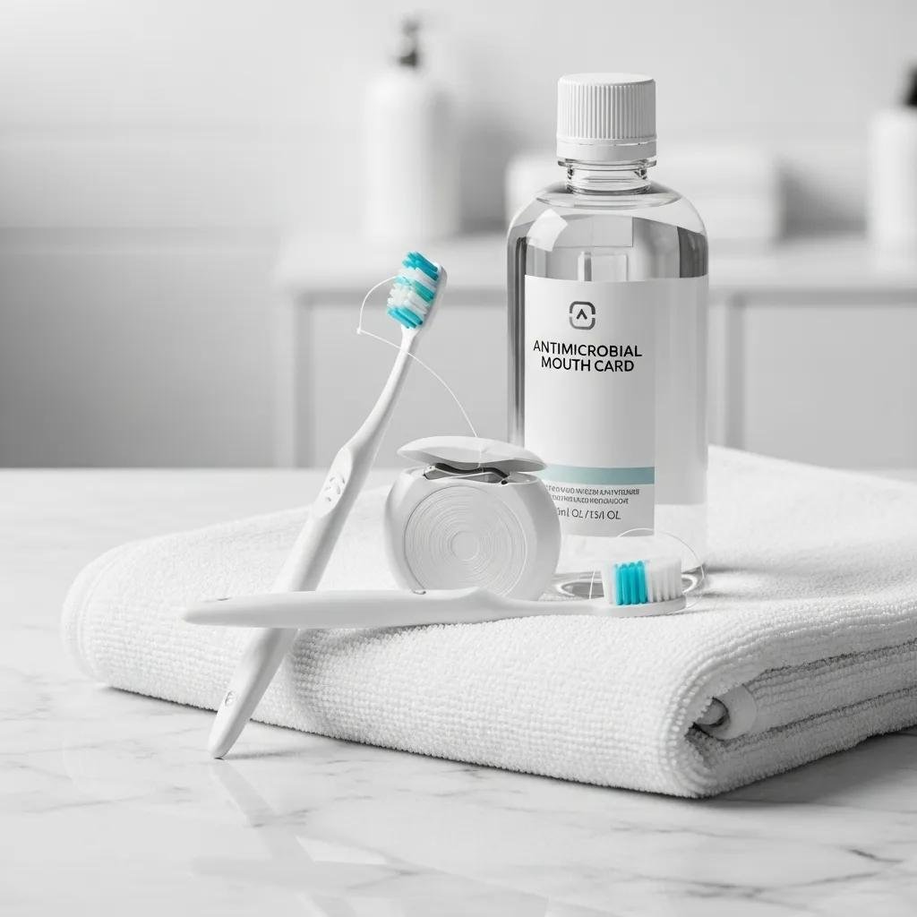 Recommended oral hygiene products for dental implant care including toothbrushes and mouthwash