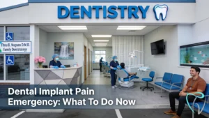 Anaheim Implants & Dental Group office exterior and interior with dental staff and patients.