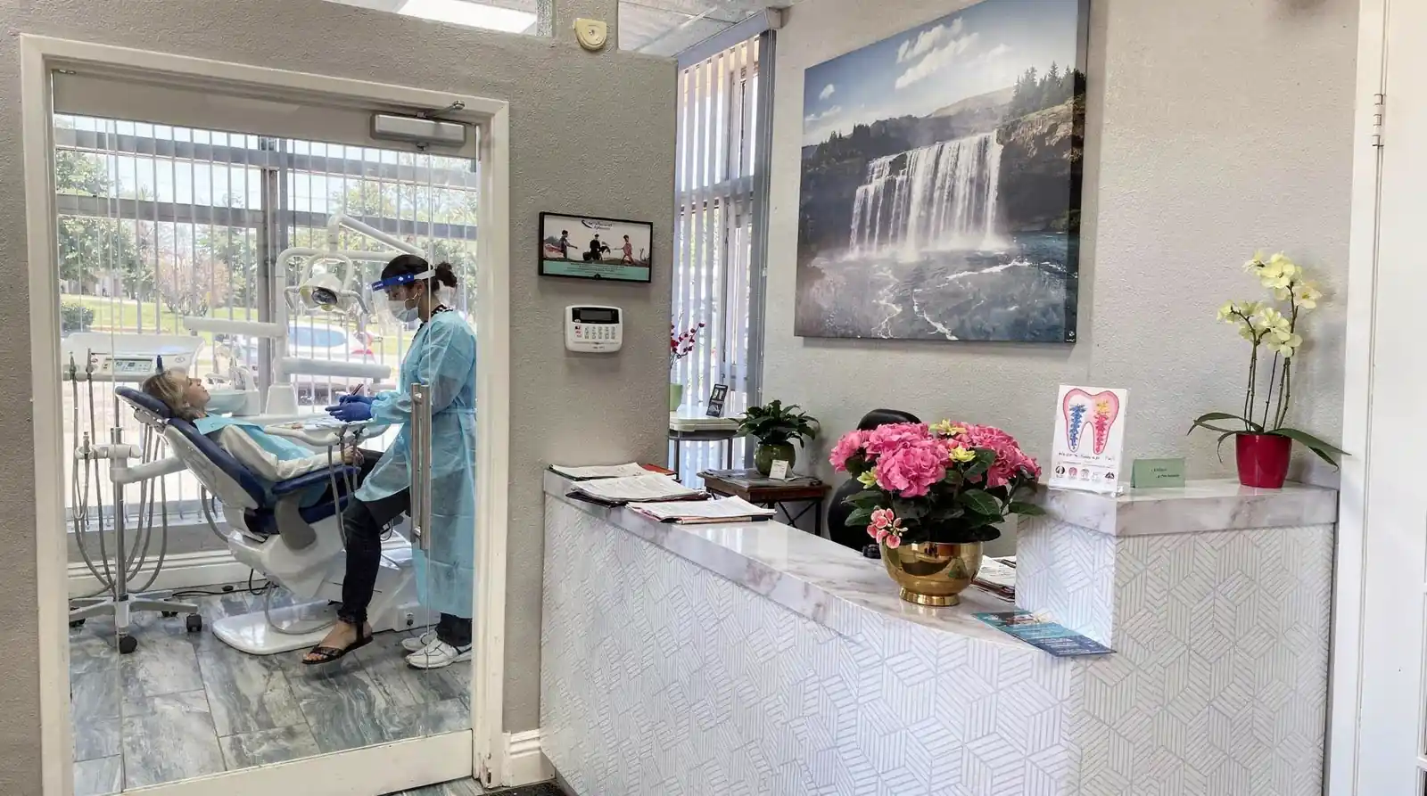 Dental clinic interior with patient in chair and staff member, reception desk with floral arrangement