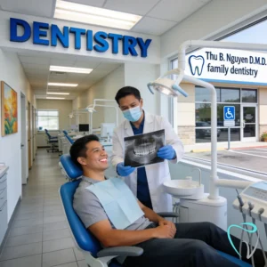 Dental technology and modern care at Anaheim Implants & Dental Group, Dr. Nguyen examining patient's X-ray.